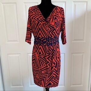 Taylor Orange & Navy Elbow Sleeve Geometric Dress